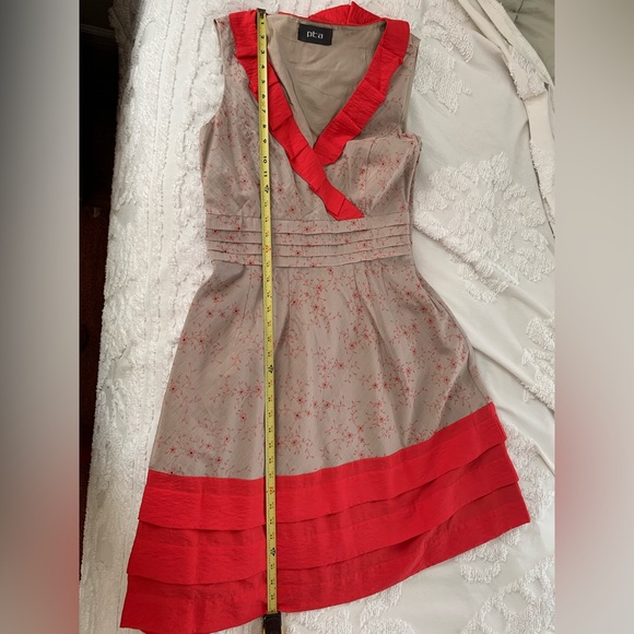 PTA Midi Dress A-line Skirt Surplus V-Neck Grey Beige Red Flowers Sleeveless L - Picture 11 of 11